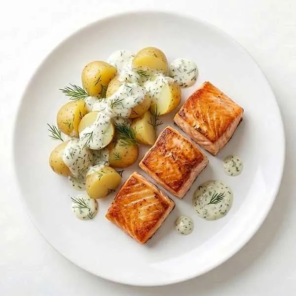 Pan-Seared Salmon with Boiled New Potatoes & Dill Cream